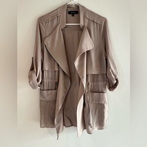 Taupe Utility Jacket Drape Front Small | Lightweight Trench Safari Cargo Coat